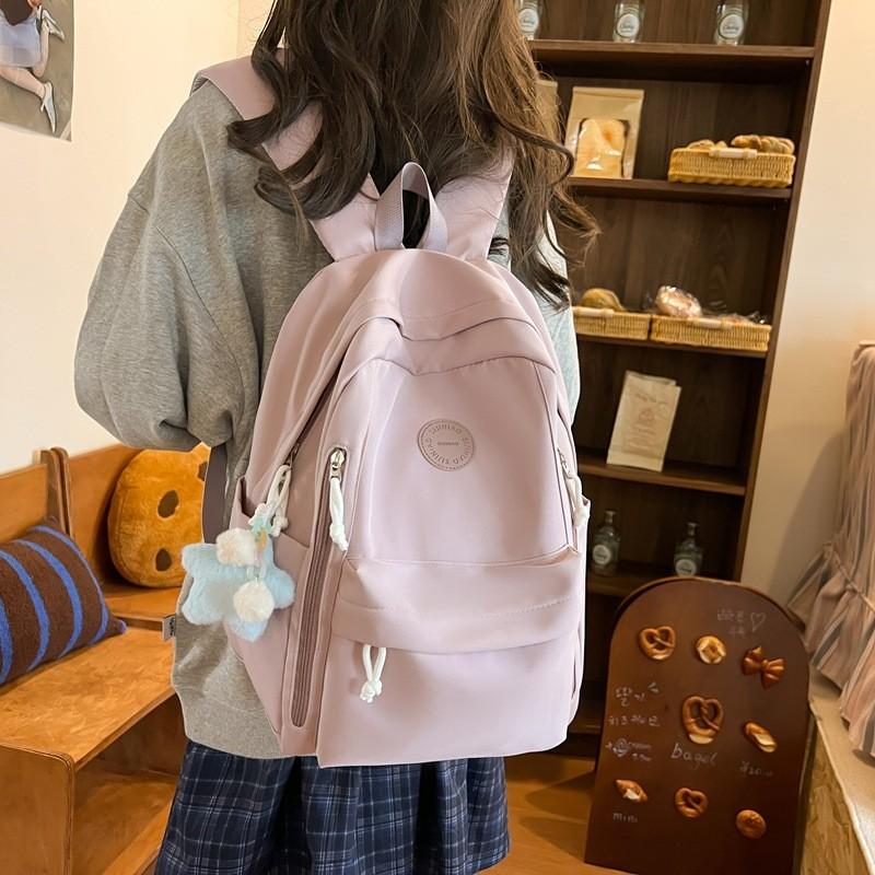Solid Color Simple Student Lightweight Backpack With Plush Pendant For School