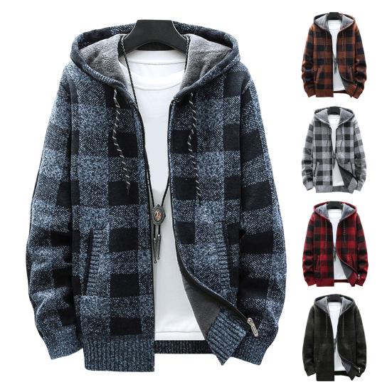 Zimowa męska bluza z kapturem Pluszowy dzianinowy płaszcz Długie rękawy Zapinana na zamek z kapturem Odzież wierzchnia Luźny krój Kraciasty wzór Gruba ciepła Podwójne kieszenie Sport Outdoor Praca Codzienna