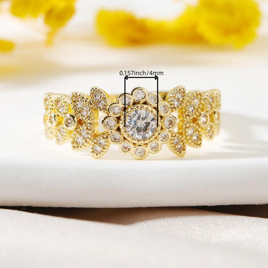 Vintage wreath halo-style copper ring with synthetic zircon main stone and micro-inlaid petal band Gold-plated exquisite polished statement ring for
