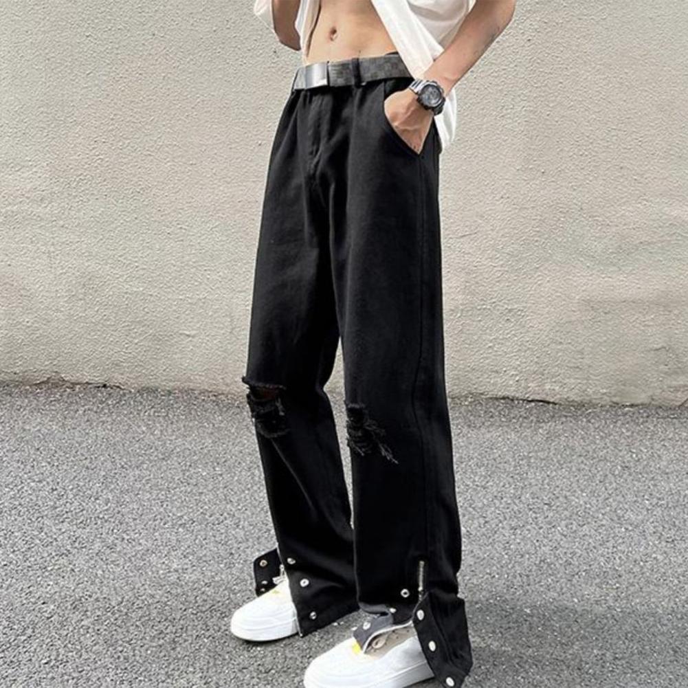 Men Summer Jeans Mid-rise Button-Zipper Fly Single Color Denim Pants Ripped Holes Side Split Cuffs High Street Style Wide Leg Jea B Practical Use