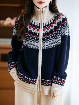 Women's Thickened Fair Isle Pure Wool Cardigan – Loose Knit Sweater Coat for Autumn & Winter