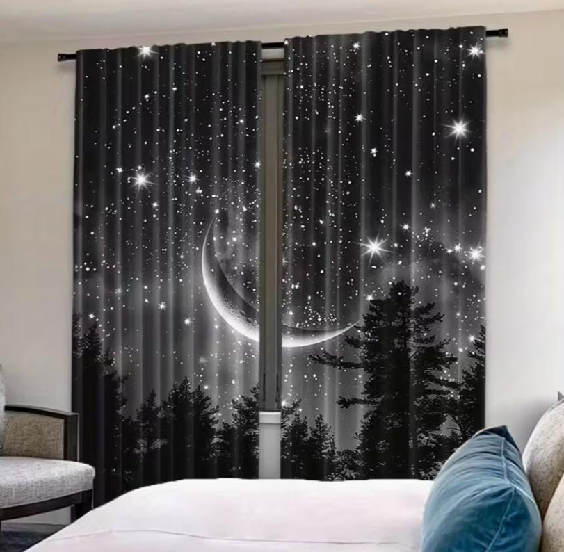 2pcs Starry Night Forest Moon Curtains for Home Decoration Rod Window Covering Bedroom Office Kitchen Living Room and Study