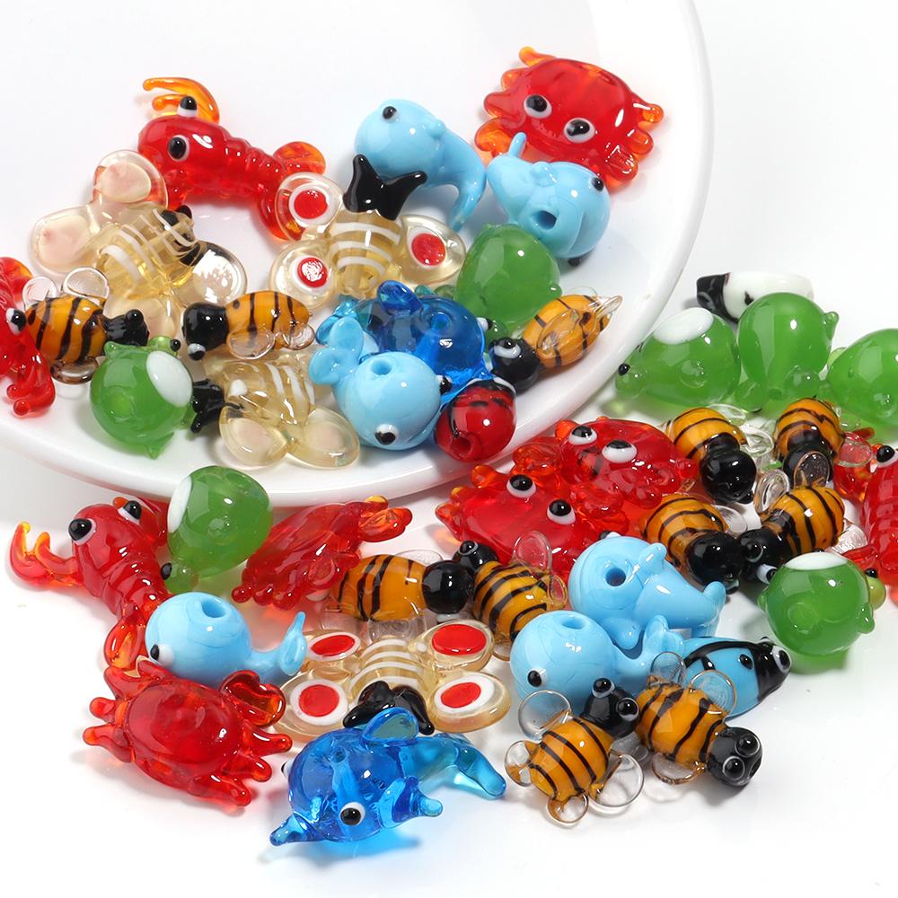 2-10pcs Animal Lampwork Beads Colorful Cartoon Crabs Shrimp Frog Fish Glass Loose Beads For DIY Jewelry Making Bracelet Keychain