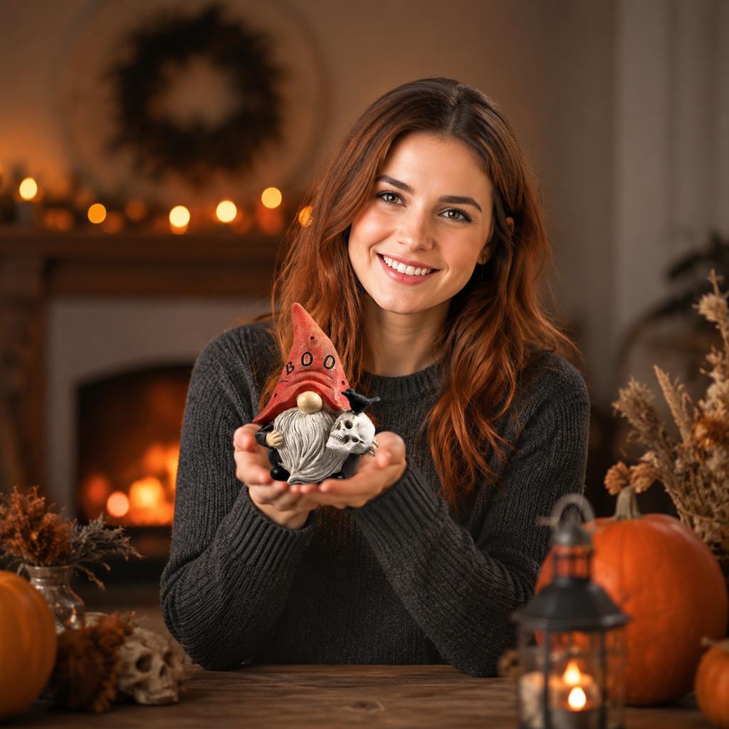 Halloween Gnome Figurine Resin Sculpture with Skull and Crow Micro Landscape Decoration for Indoor Outdoor Display