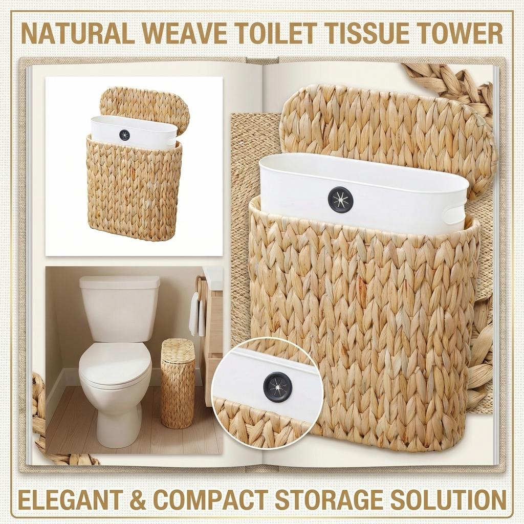 Woven Water Hyacinth Storage Basket with Lid Bathroom Toilet Paper Holder and Miscellaneous Organizer for Home and Hotel Use