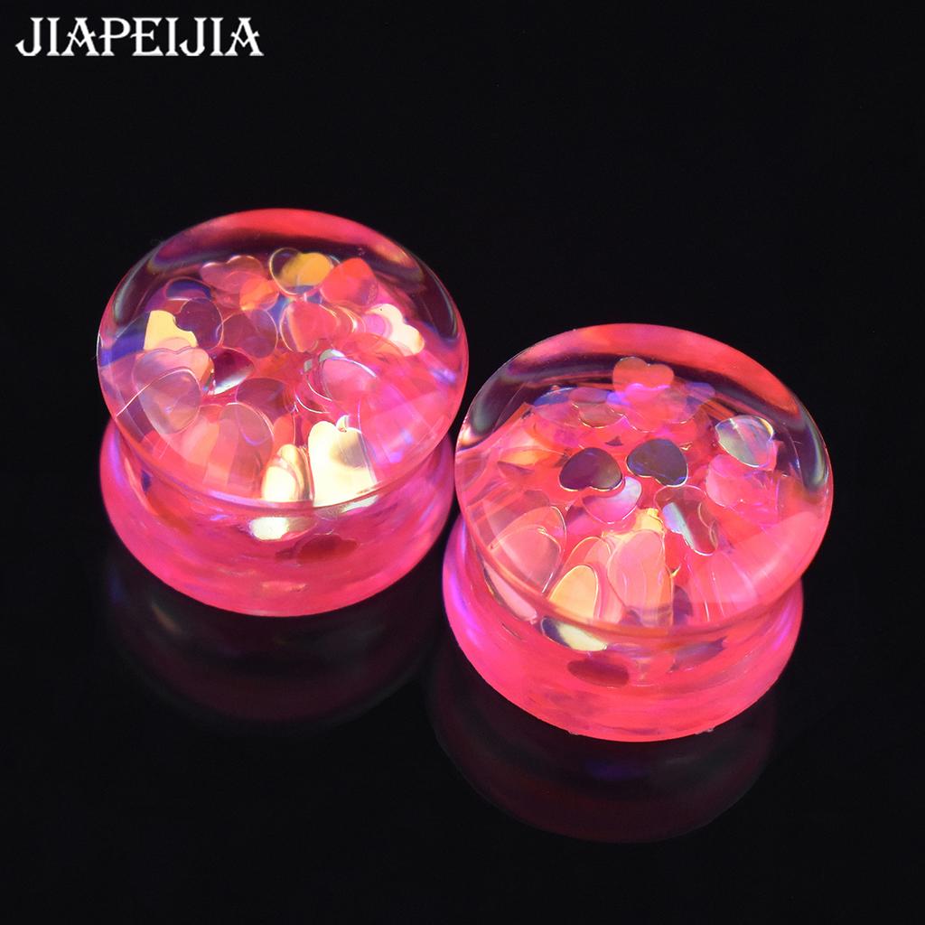 1 Pair 8-50mm Heart Glitter Lightweight Hypoallergenic Acrylic Double Flare Ear Plugs Piercing Jewelry