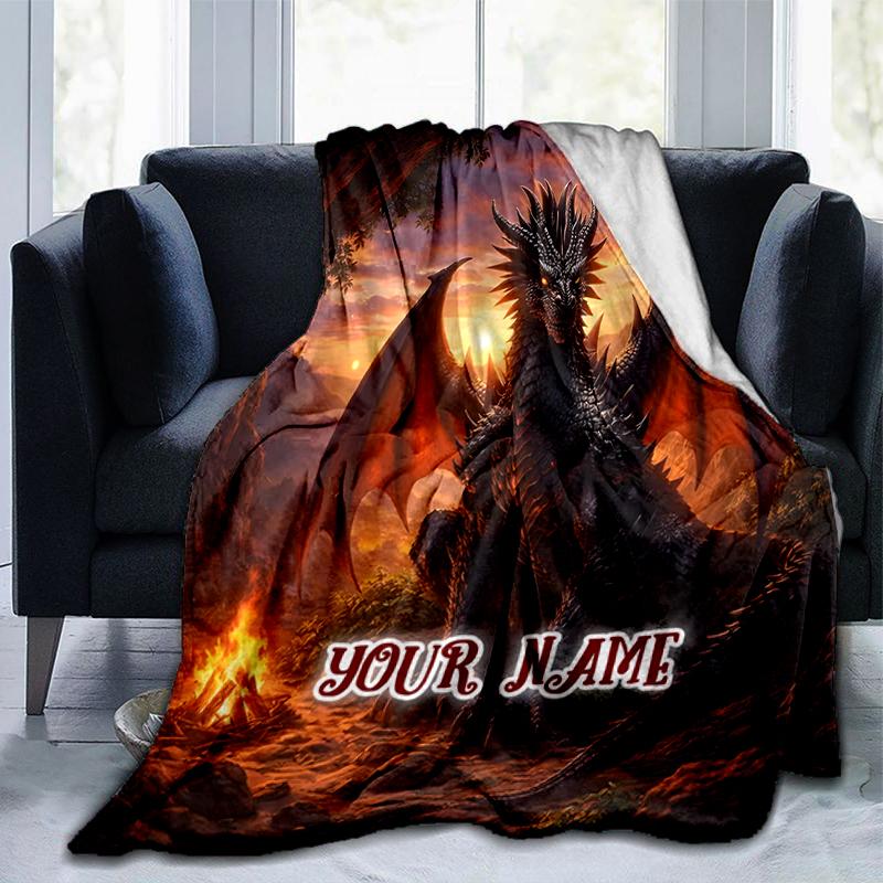 1PC Custom Name Dragon's Fiery Majesty Outdooor Flannel Blankets Throw Blanket All-Season Throw Gift Bedspread for Couch, Bed, Camping Holiday Birthda