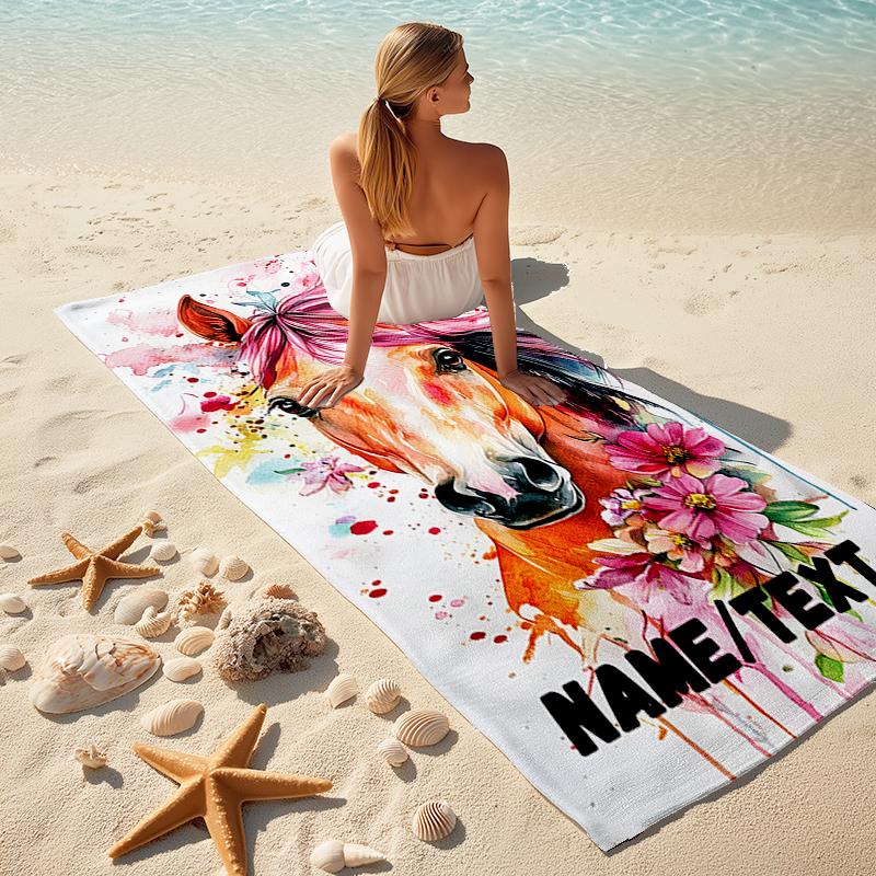1PC Custom Name Horse Floral Artwork Beach Towel Highly Absorbent And Sand-Resistant Towel for Swimming, Pool, Yoga, And Travel Lightweight