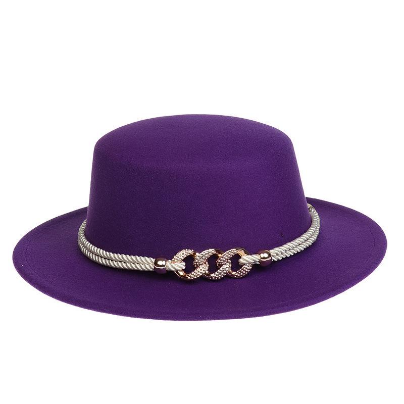 Women's Wool Felt Flat Top Fedora Hat - French Autumn/Winter Retro Style with Chain