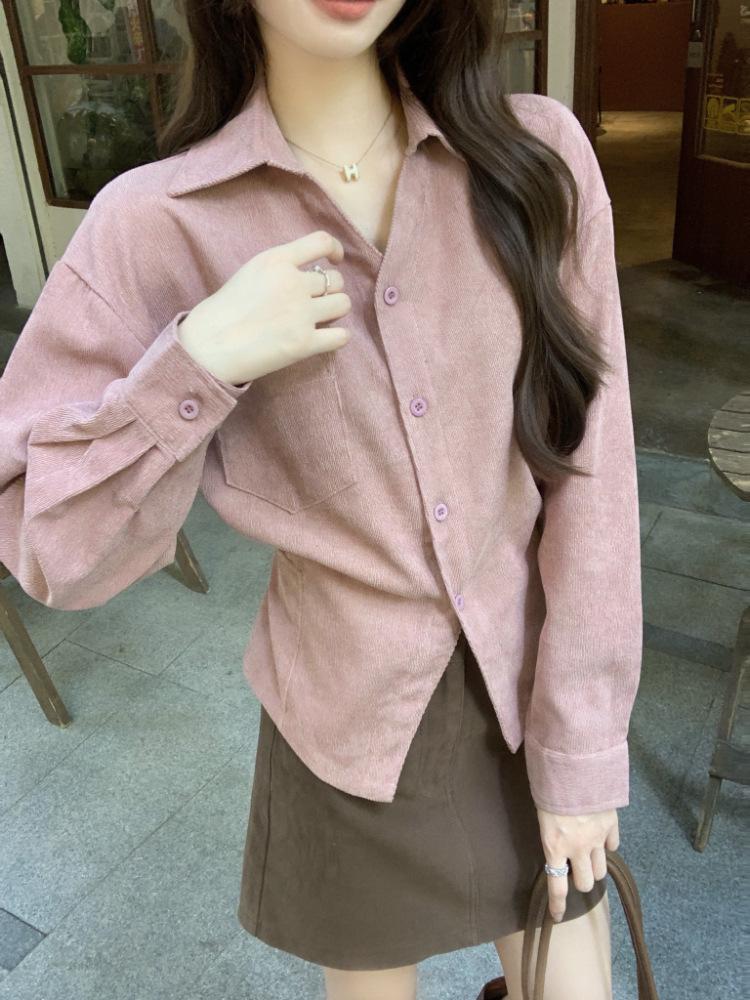Autumn/Winter Korean Corduroy Tie-Up Lapel Shirt for Women - Elegant, Slimming, Chic, and Versatile Top