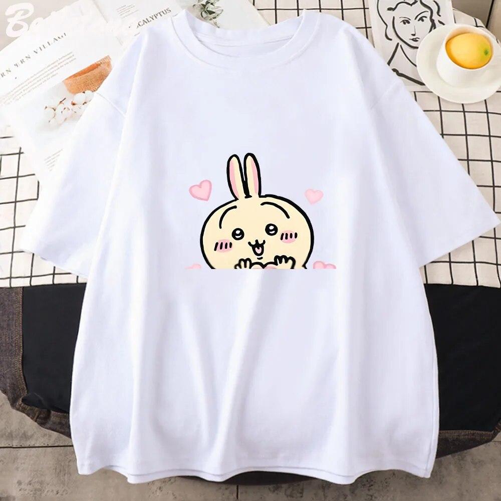 Chiikawa Cat T-Shirt, lässig, Unisex/Damen, Kawaii-Cartoon-Druck, 100 % Baumwolle, Harajuku-Oberteil, Sommer, Vintage, kurzärmeliges T-Shirt, Unisex-T-Shirt