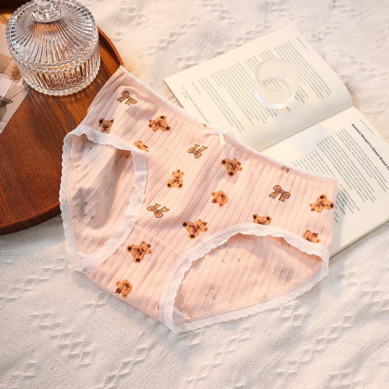 Female Spring and Autumn Bear Pure Cotton Comfortable Lace Edge Cute Student Underwear