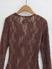 Retro Fishing-Style V-Neck Lace Bodysuit: Slim Fit Long Sleeve Base Layer for Women.