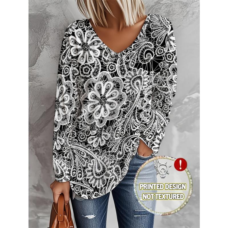 Plus Size, Women s Autumn/Winter Arrival Plus Size Fashion Printed Casual V-Neck Long Sleeve T-Shirt S