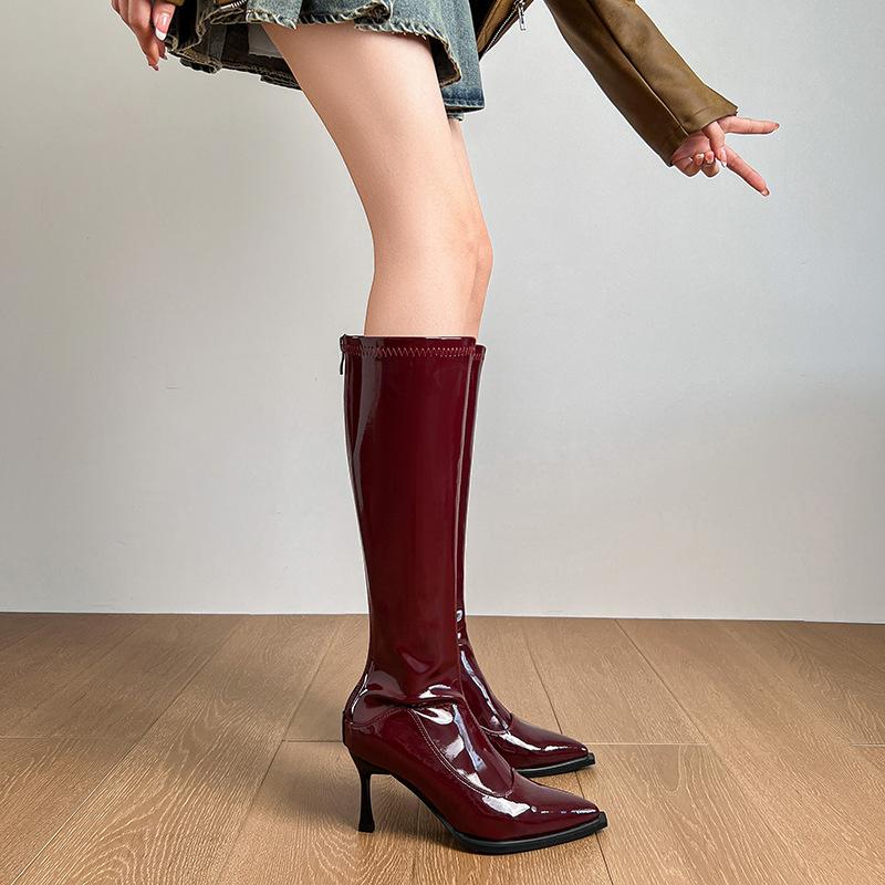 

2025 весна и осень новые сапоги женские длинные сапоги острый носок тонкий каблук высокий каблук тонкие сапоги обхват голени высокие сапоги бордовый 34 бордовый