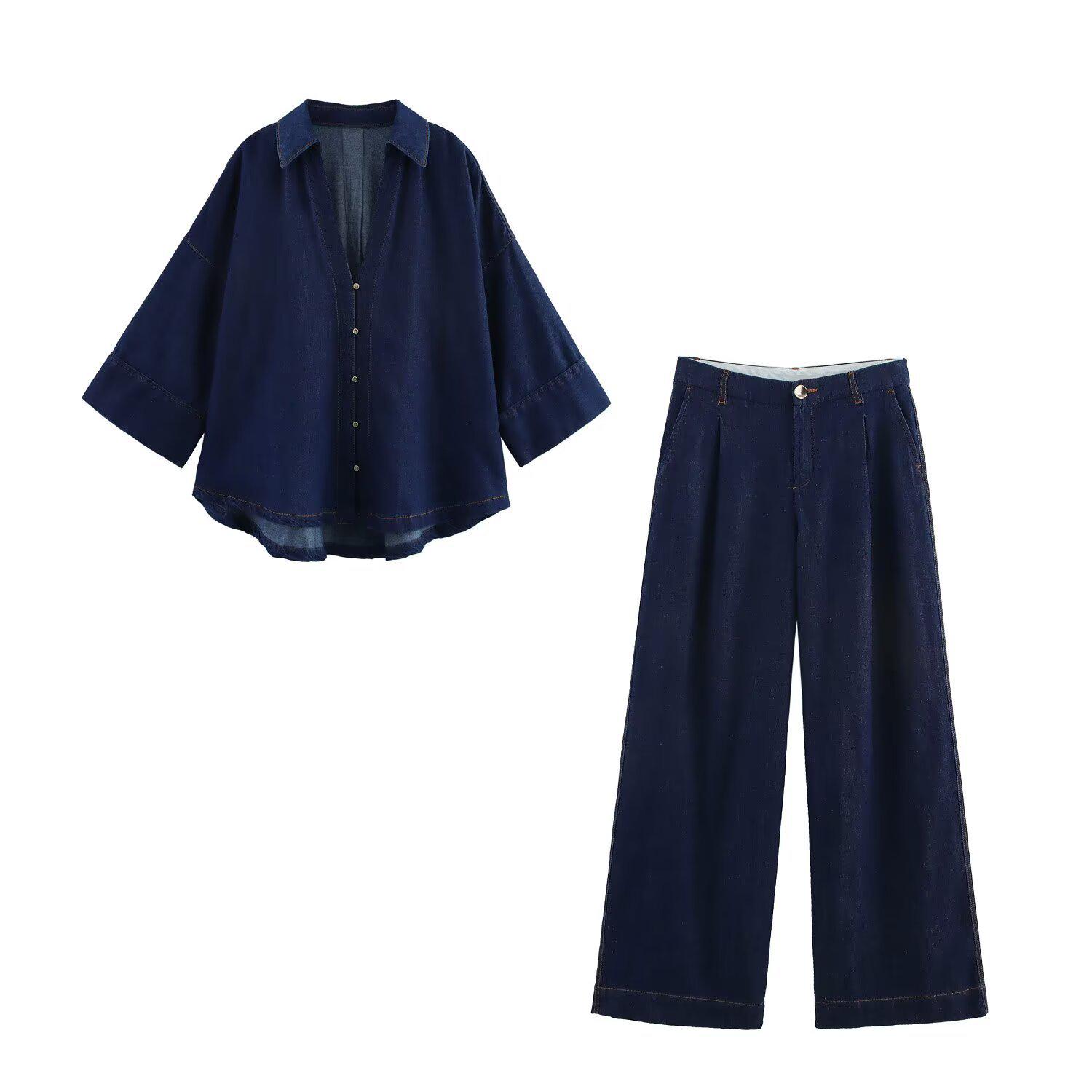 

2025 Spring/Summer Women s Casual Loose-Fit Long-Sleeve Lapel Shirt & High-Waisted Wide-Leg Pants Set Medium