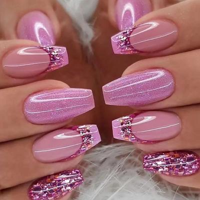 24 Pieces Wearing Nail Powder Purple Glitter French Sequined Nail Art Wearable Nail Sticker Nail Art Piece Finished Removable Nail