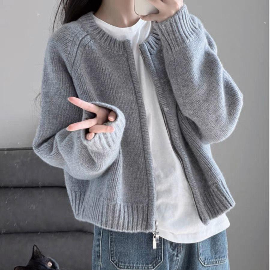 

Женский короткий серый вязаный кардиган на молнии для миниатюрных - Свободный повседневный свитер-пальто для весны и осени XL [115-125 lbs]