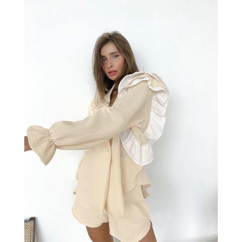 European and American Pure Cotton Flying Sleeves Patchwork Niche Temperament Two-piece Set Pure Cotton Fly Sleeve Suit