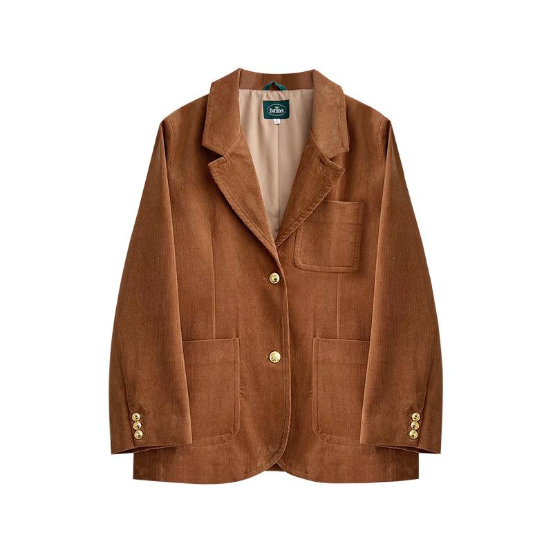 Корейский ретро вельветовый пиджак с золотыми пуговицами для женщин - Стиль Весна/Осень 2026 One Size