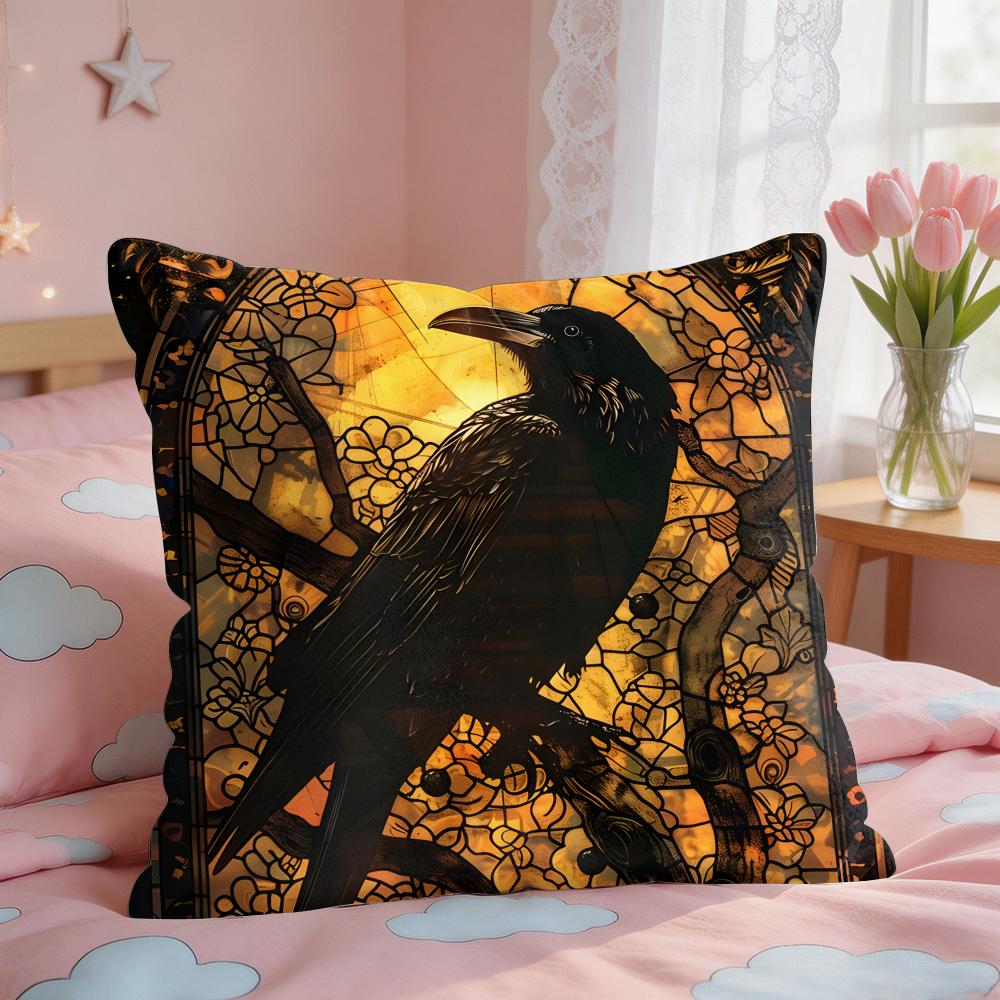 Vintage Black Crow Cushion Cover Square Short Plush Pillow Case Living Room Sofa Home Decor Funda X