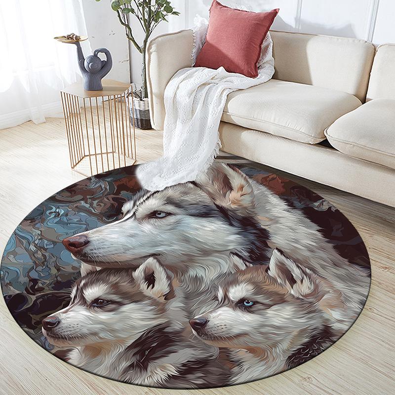 Okrągły Dywanik Trzy Wilki, Dywan do Salonu Sypialni Sofy Pokoju Zabaw Dekoracja, Antypoślizgowa Mata Podłogowa