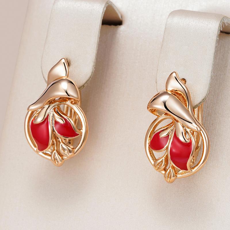 Fashion Rose Gold Color Red Enamel Drop Earrings For Women Natural Zircon Flower Wedding Party Vintage Jewelry Girl