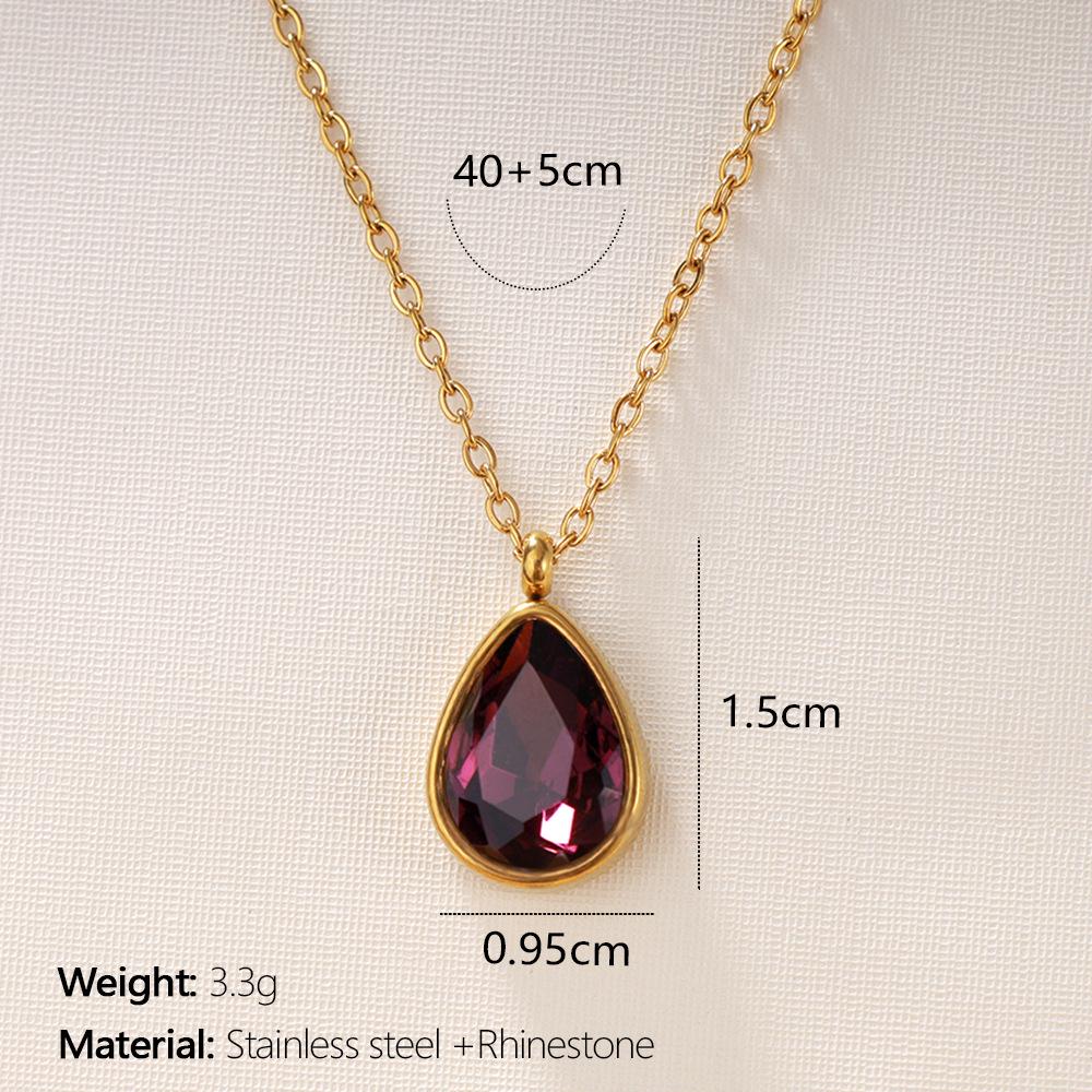18K Gold Plated Stainless Steel Water Drop Diamond Pendant Necklace for Women - French Light Luxury Style
