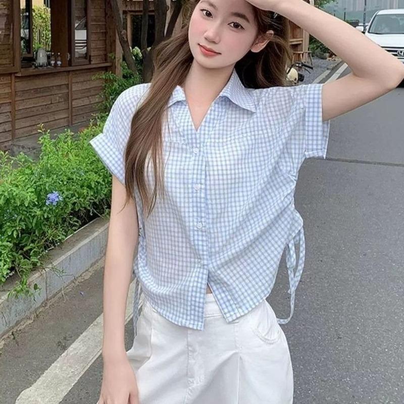Ladies' Blue Plaid Shirt Women's Turn-down Collar Drawstring Short Sleeved Blouse Summer New Korean Version Versatile Top