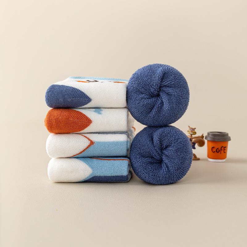 Children'S Socks Zodiac Mouse Cartoon Terry Socks, Wind Sweat-Absorbing Warm Color Matching Medium Tube Baby Socks