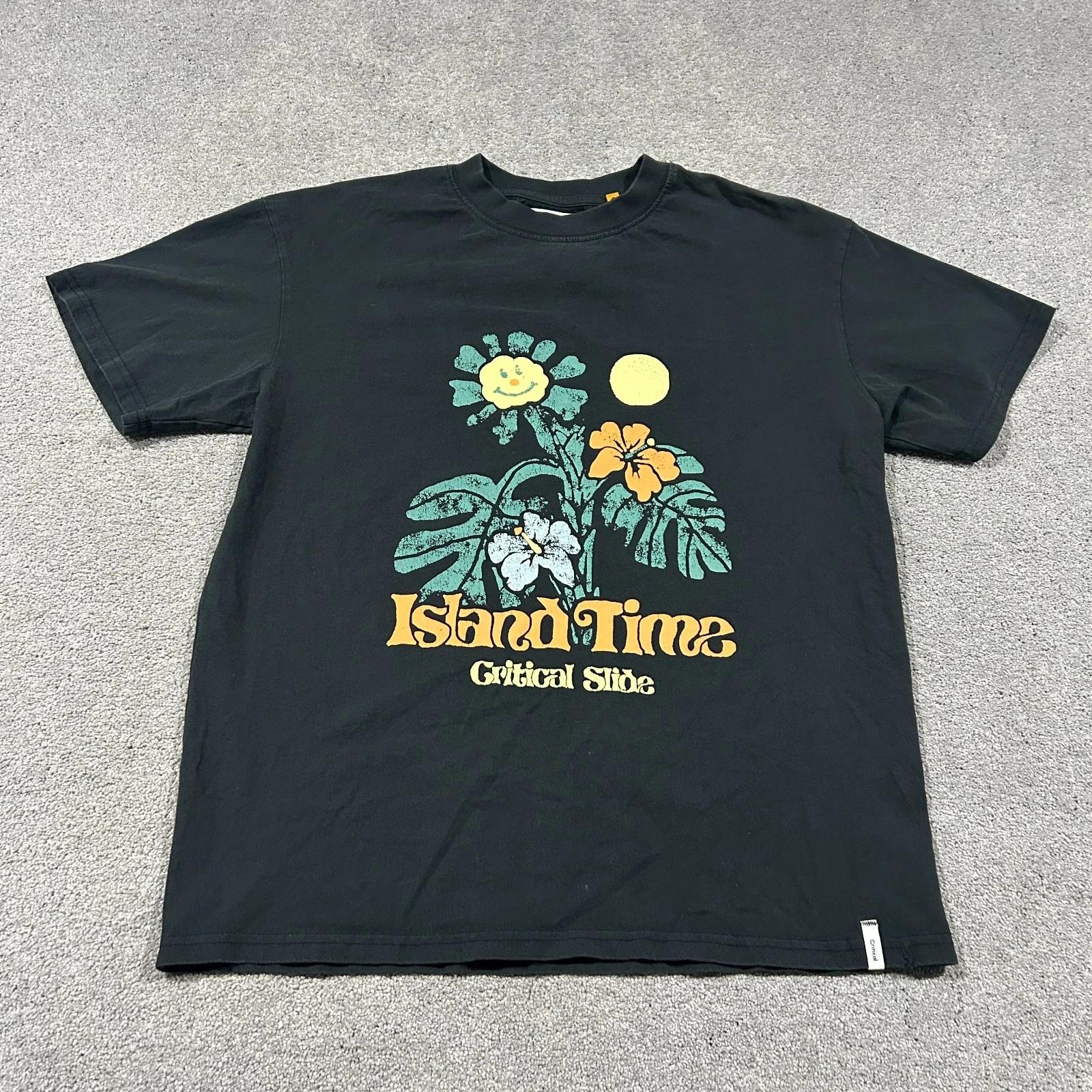 

Critical Slide Island Time Graphic T-Shirt Men M Black Faded Crewneck Retro Surf XL