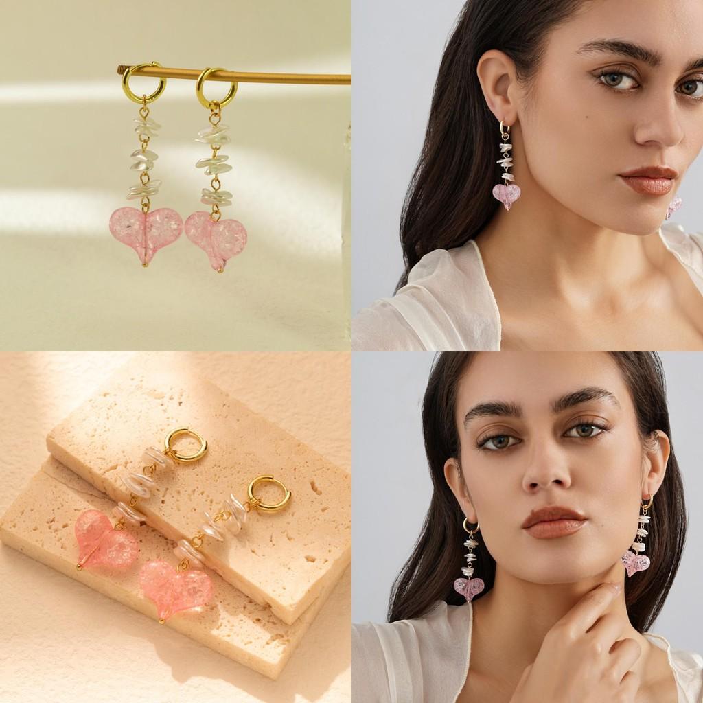 Fashionable Pink Heart Geometric Earrings With Electroplated Finish For Trendy Women