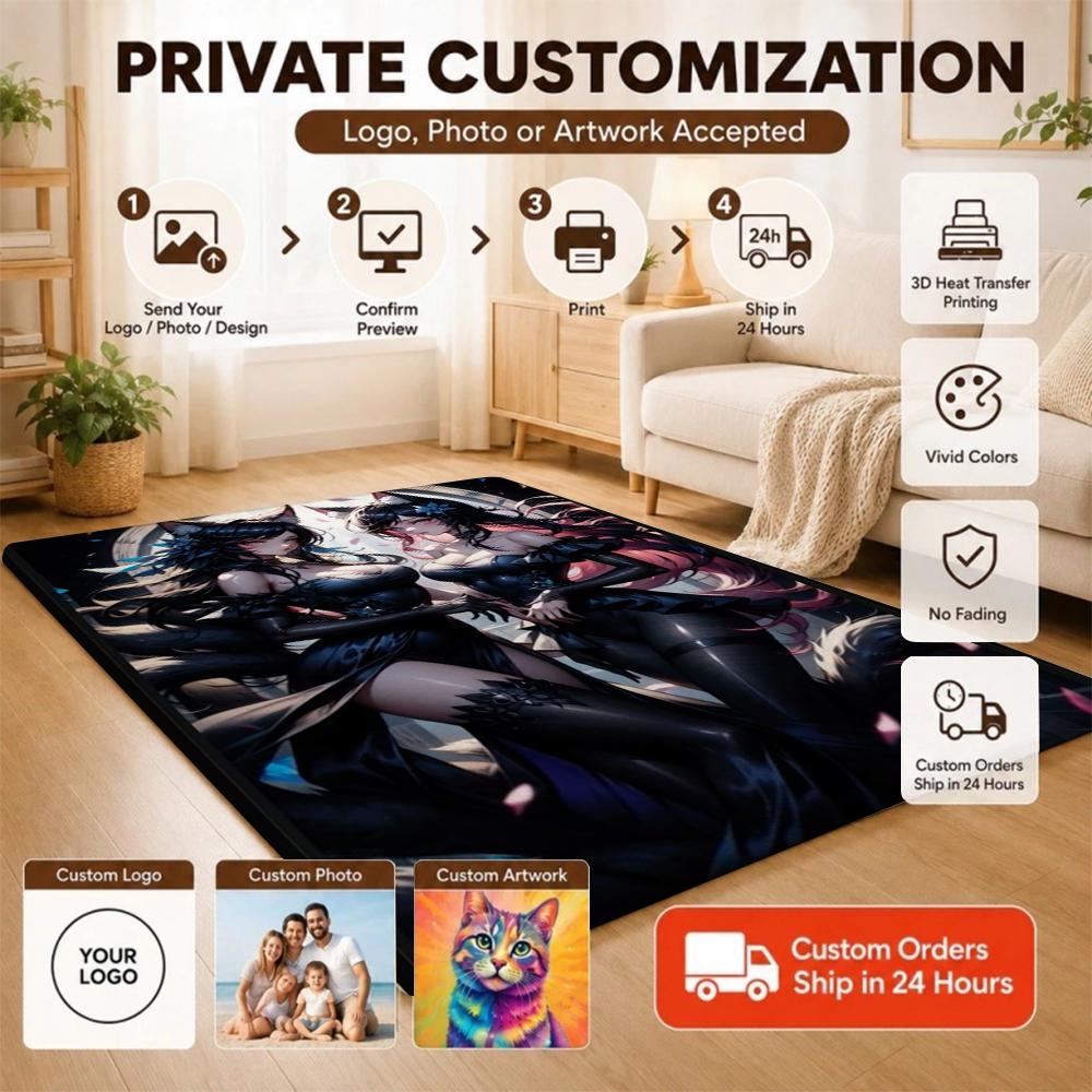 Twin Catgirls Black Lingerie Printed Rug Thick Nonslip Carpet For Gaming Room Study Living Room Home Party Decor Christmas Gift