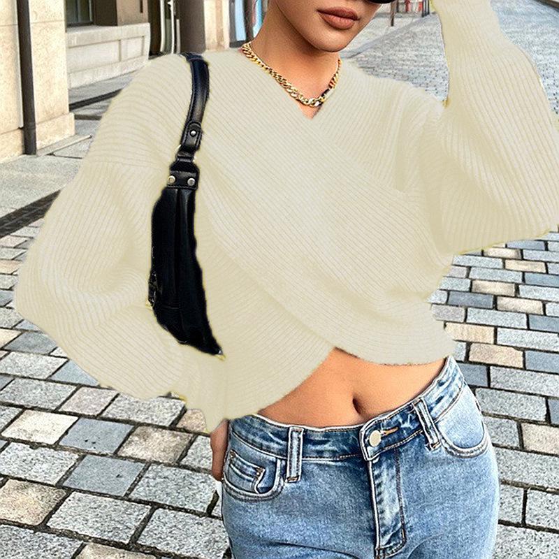 

Европейский и американский кроп-топ с V-образным вырезом и перекрестным вязаным узором - Осенне-зимний женский пуловер однотонного цвета S абрикосовый