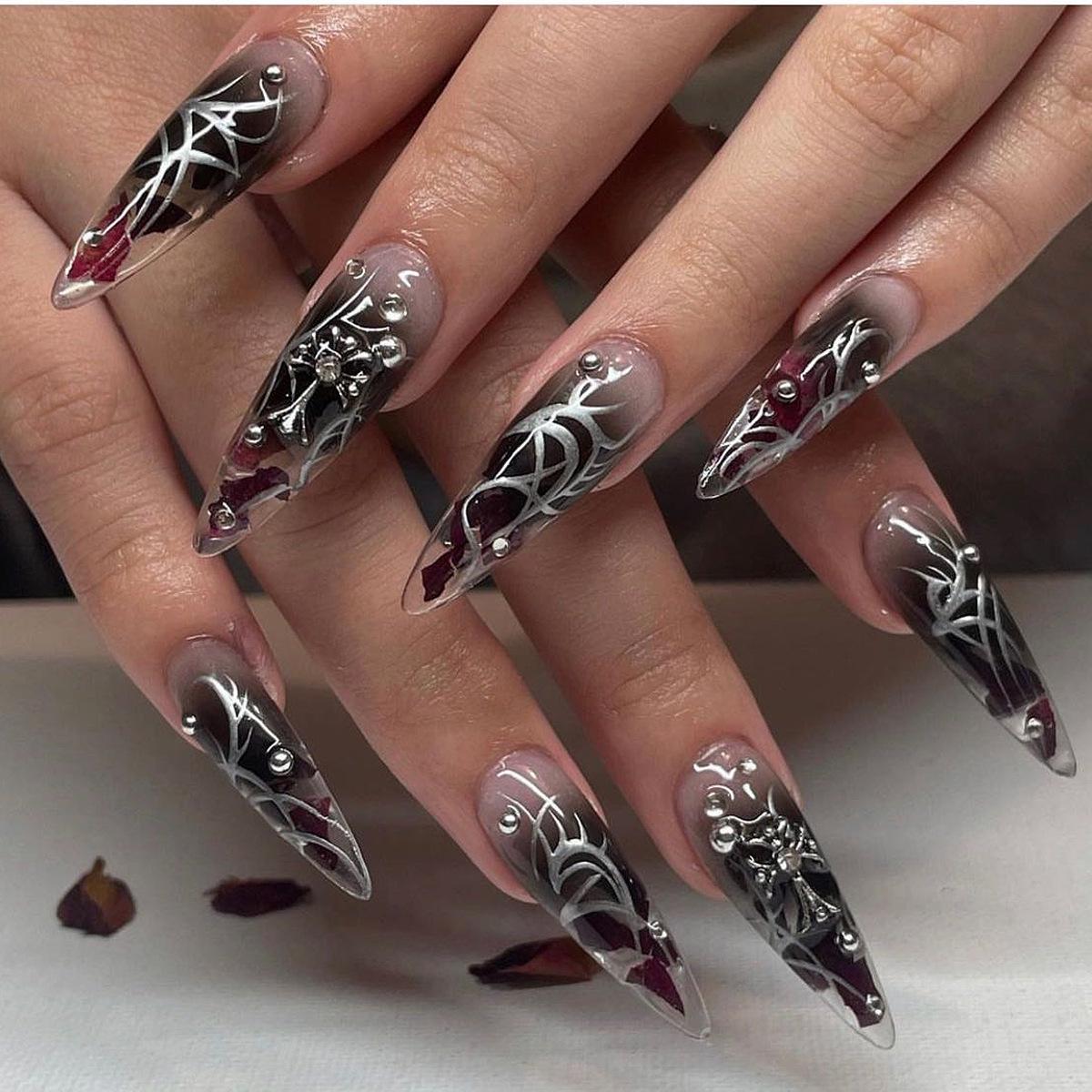 Dark Cross Rhinestone Nail Art Stickers - Long-Lasting Wearable Nail Pieces JP2808 [Glue Version]