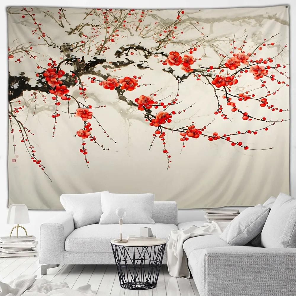 Japanese Scenery Tapestry Cherry Blossom Flowers Misty Landscape Chinese Style Wall Hanging Art Decoration Home Decor Background
