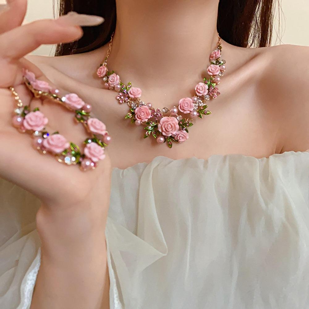 Pearl Flower Bracelet Rhinestone Stud Earrings Luxurious Rose Flower Necklace Party