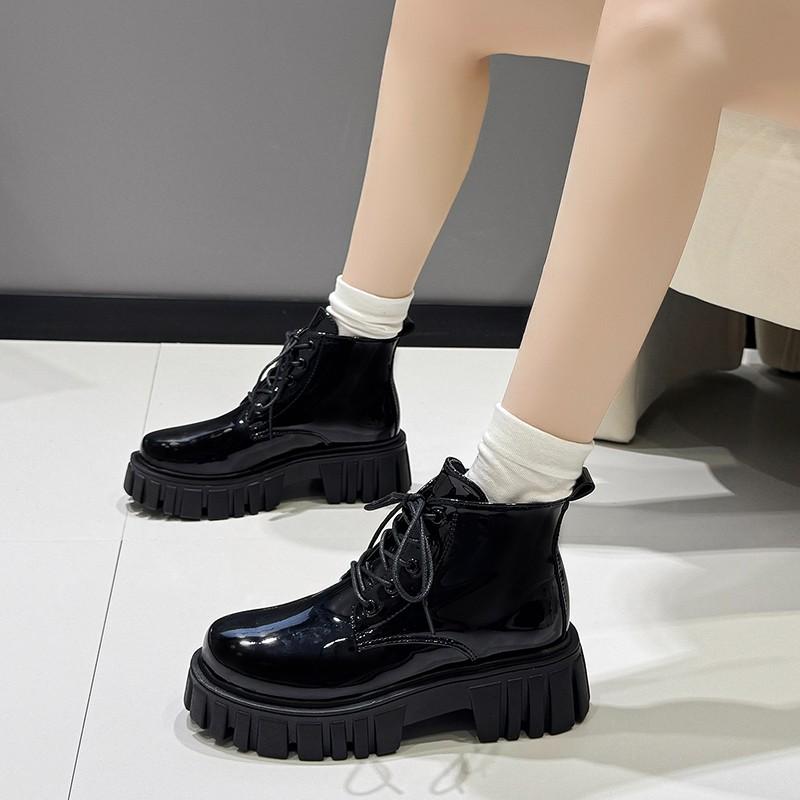 Anti-slip Platform Booties Winter New Round Toe Lace-up Patent Leather Waterproof Block Heel Shoes for Women
