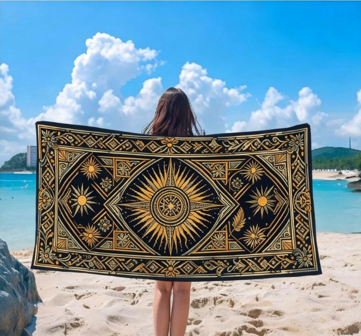 Boho Himmlisches Sonne & Mond Strandtuch, Schnelltrocknende Weiche Baumwolle, Schwarz Gold Tarot-inspiriertes Muster für den Sommer Pool Gebrauch Badetuch