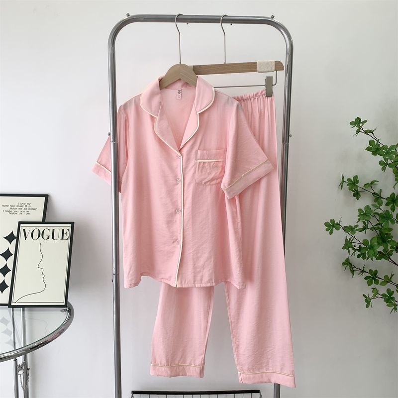 Tencel Cotton Pajamas Women's Summer Short Sleeve Trousers Homewear Summer Thin Cotton Cool Cardigan Two-Piece Suit