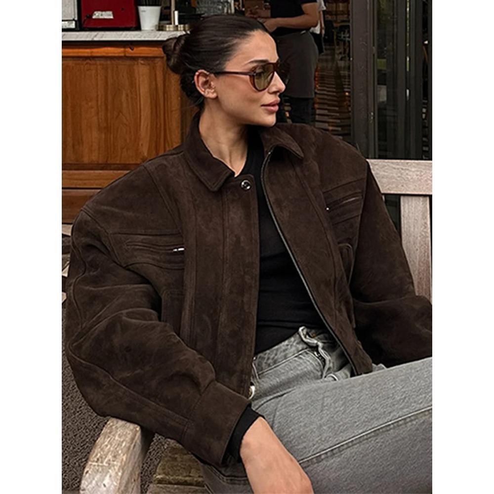 Women Faux Suede Cropped Jacket Lapel Zip Pocket Elastic Hem Loose Cargo Bomber Coat