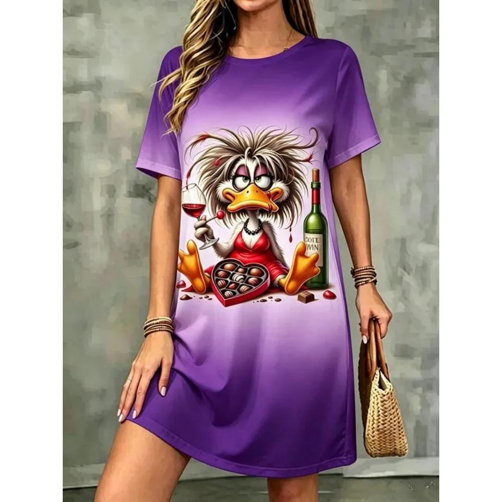 Summer Fashionable Colorful Cartoon Pattern Women Mini Dresses Short Sleeve Printed Plus Size Casual Comfortable Soft Dress