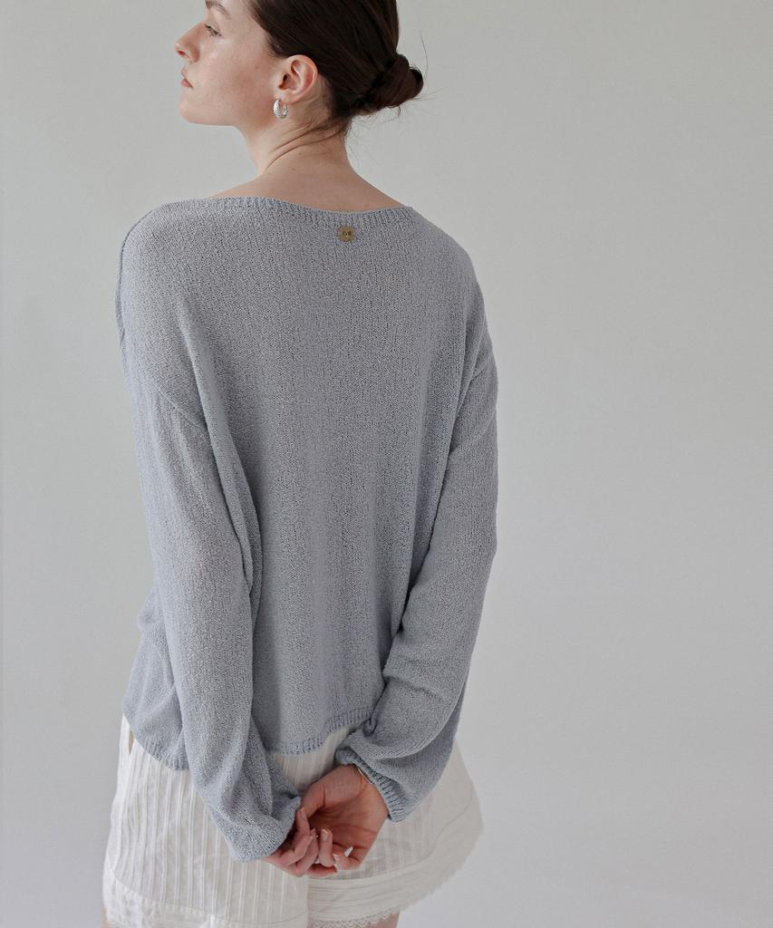 Keullaepeu Linen Boucle Boat Neck Knit_Blue Gray