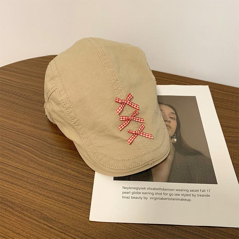 Trendy Retro Womens Beret Hat With Bowknot Cotton Blend Newsboy In Black Fall