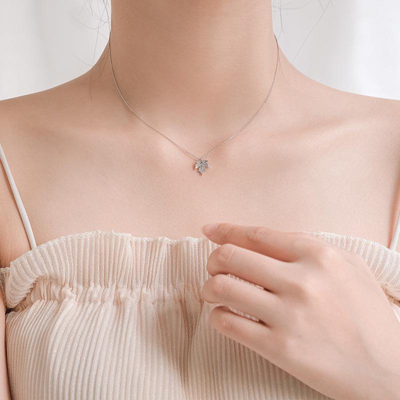 Sterling Silver Maple Leaf Necklace - Korean Style Minimalist Collarbone Chain Pendant for Women