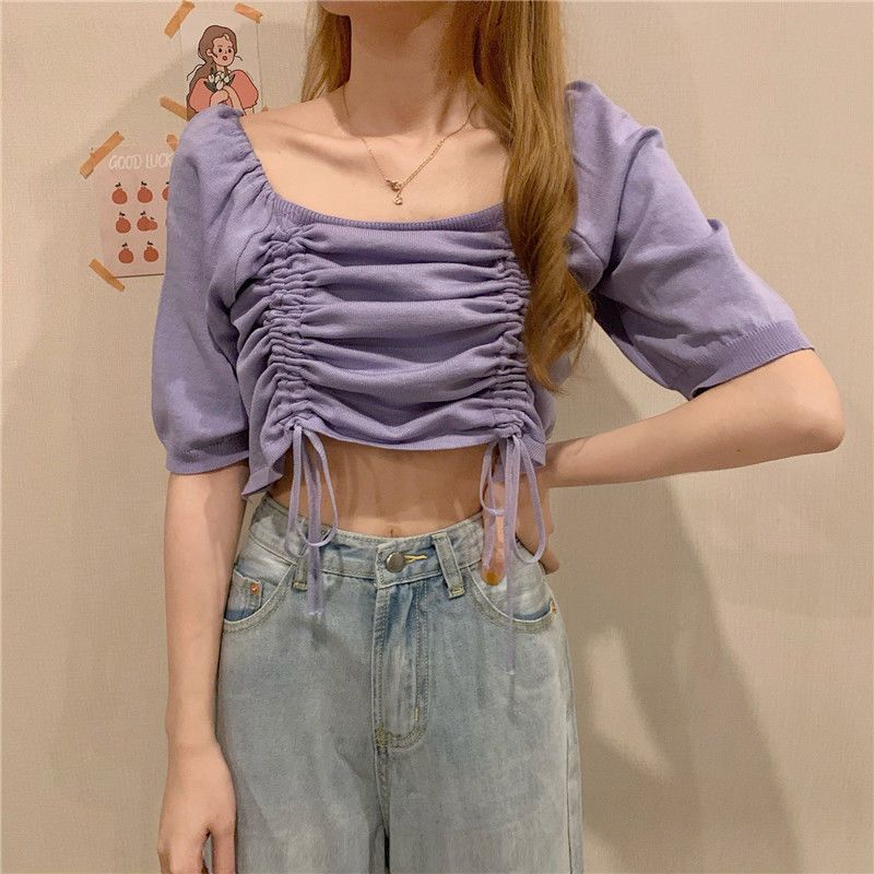 Summer Korean Version Slim Fit Drawstring Square Neck Pullover Short Sleeved Knitted Sweater for Women Thin Style Outerwear Short Top