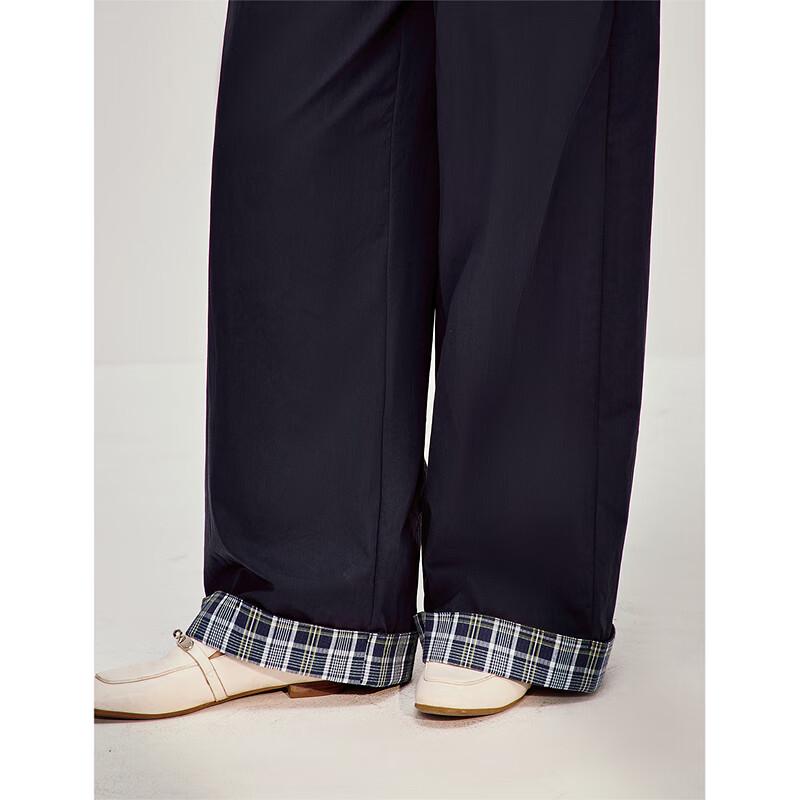 INMAN Women's Plaid Turn-up Wide-Leg Casual Pants