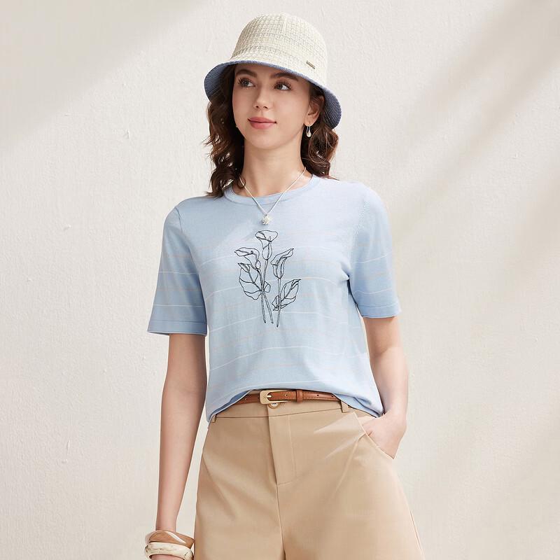 Zhaojun Women's Striped Mulberry Silk Blend Knit T-Shirt