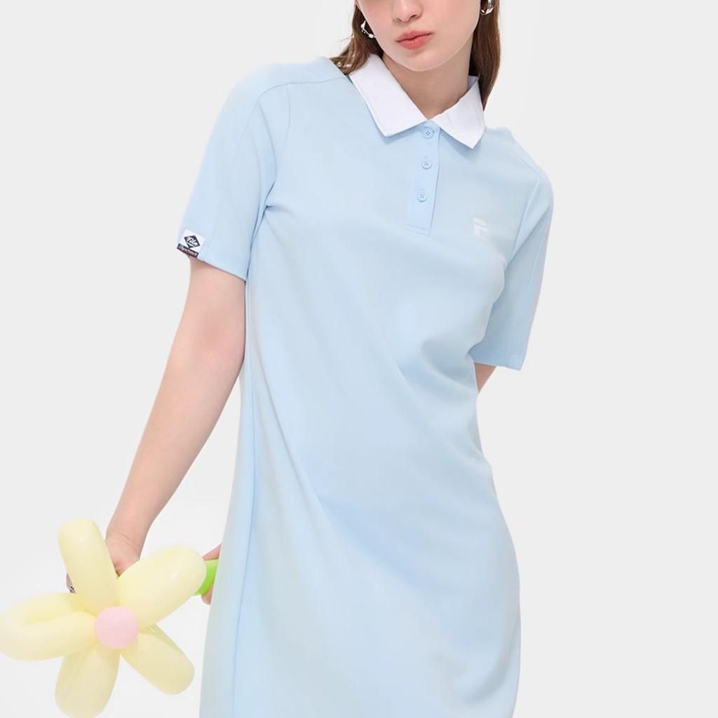 FILA Fusion SS24 College Style Breathable Casual Loose Straight Leg Knitted Polo Short Sleeve Dress Women dresses Laiwu-Blue T11W423305F-LB