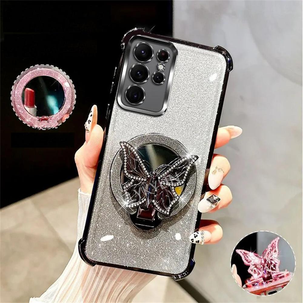Luxury Plating Butterfly Stand Mirror Phone Case For Samsung A06 A16 A05S A35 A55 A54 A36 A56 Soft Silicone Shockproof Cover